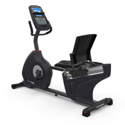 Recumbent exercise bike with digital display on a white background