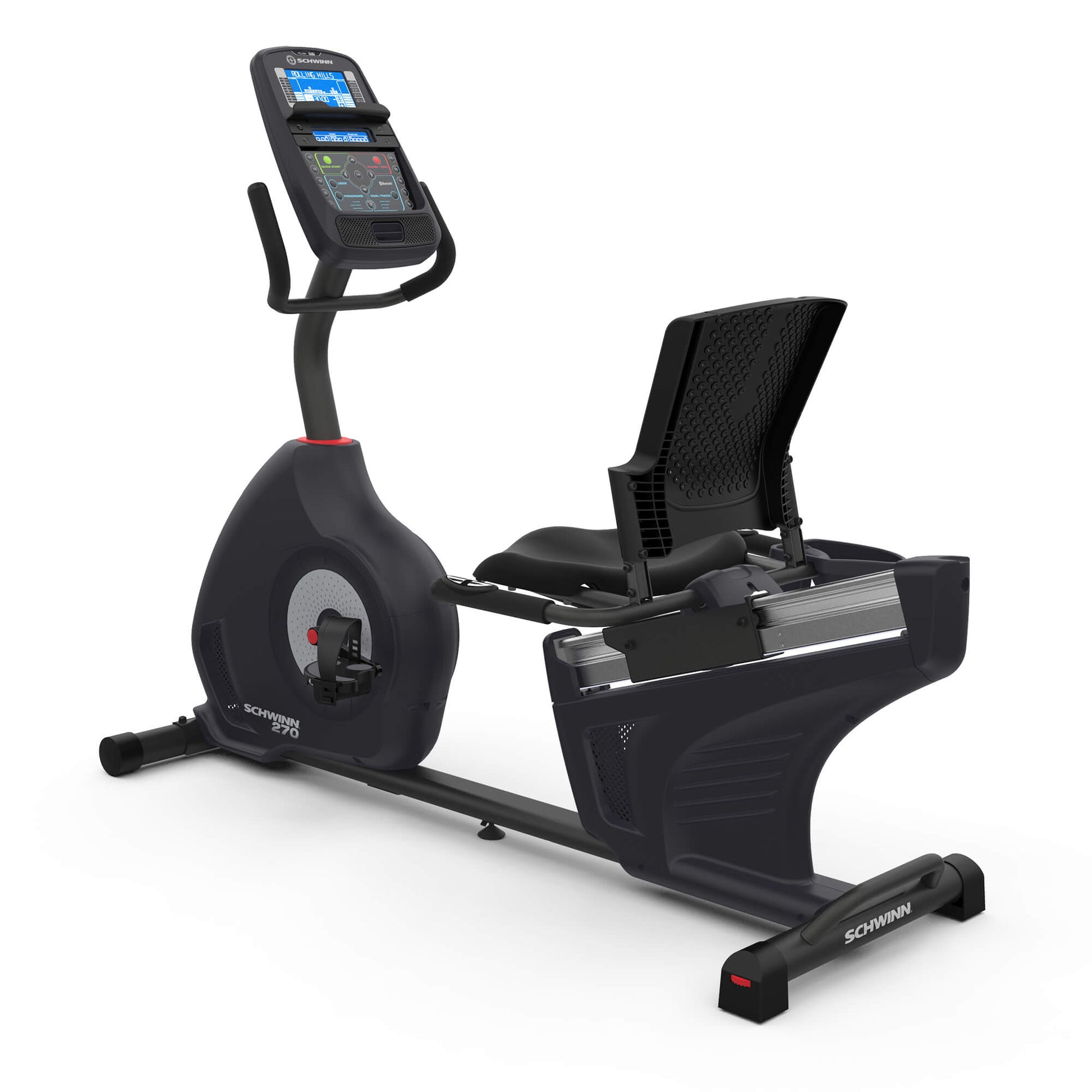 Recumbent exercise bike with digital display on a white background