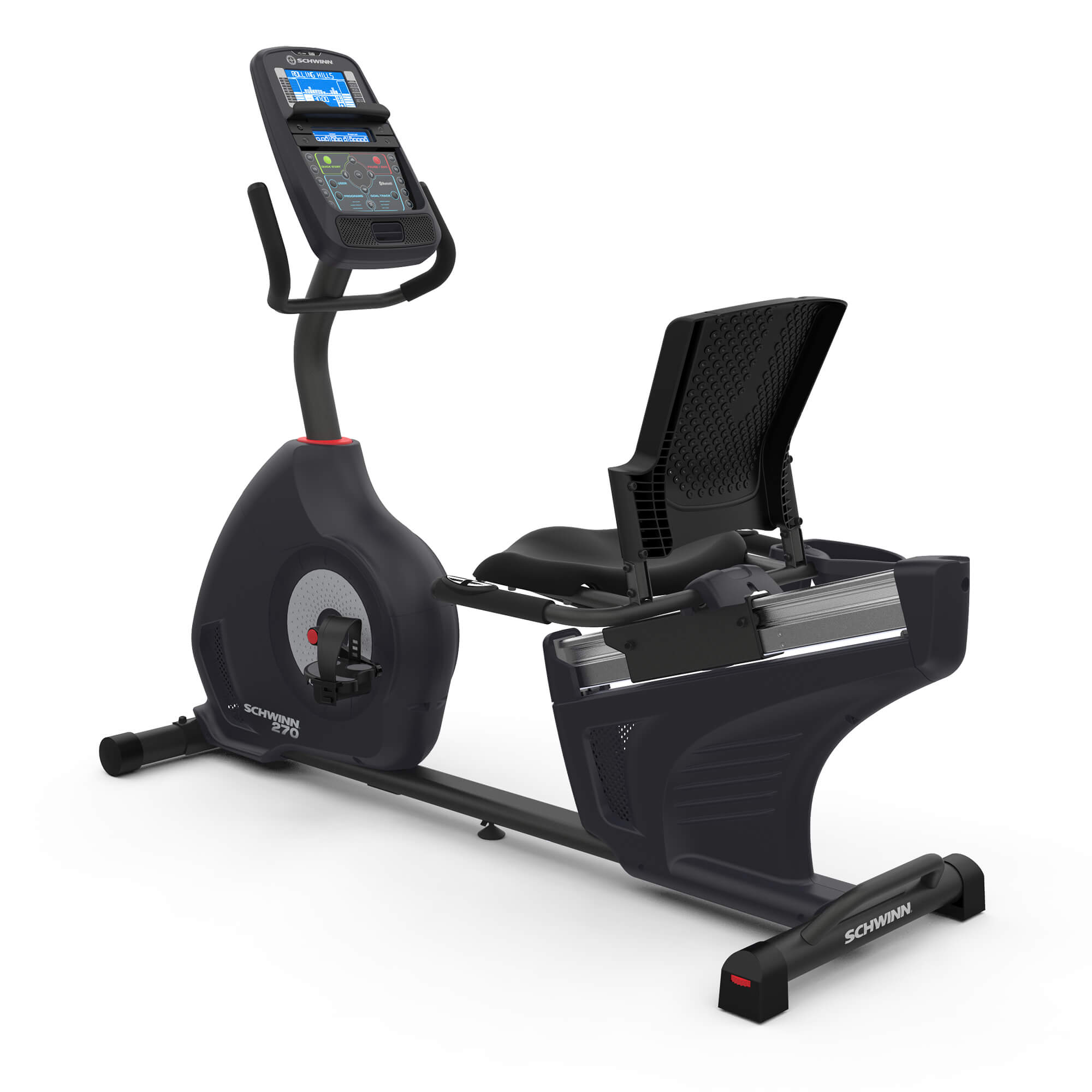 Recumbent exercise bike with digital display on a white background