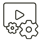 Icon of a video player with settings gear and play button on a white background