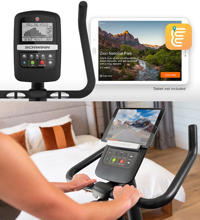 Schwinn 130 Console and Explore the World app on a tablet